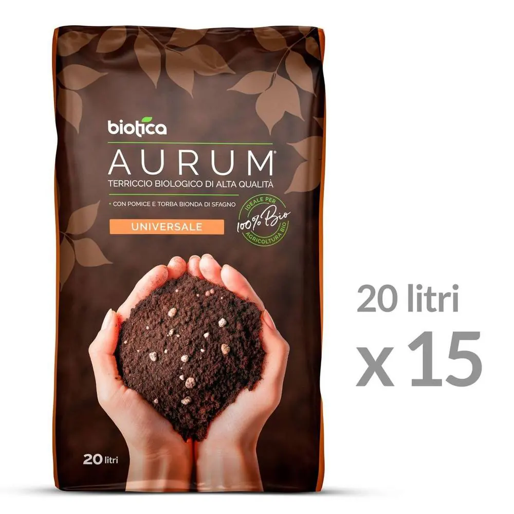 Aurum Terriccio Naturale Universale di Alta qualità - 300 Litri - 15 x 20 litri - Fertilizzato con Humus di Lombrico