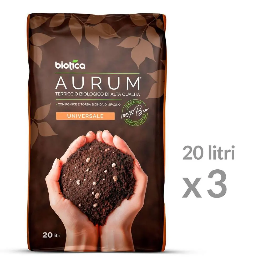 Aurum Terriccio Naturale Universale di Alta qualità - 60 Litri - 3 x 20 litri - Fertilizzato con Humus di Lombrico