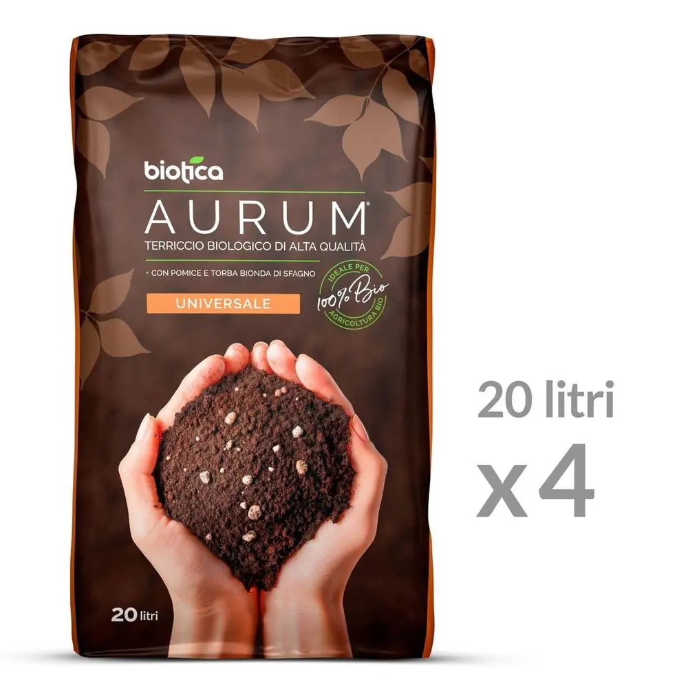 Aurum Terriccio Naturale Universale di Alta qualità - 80 Litri - 4 x 20 litri - Fertilizzato con Humus di Lombrico