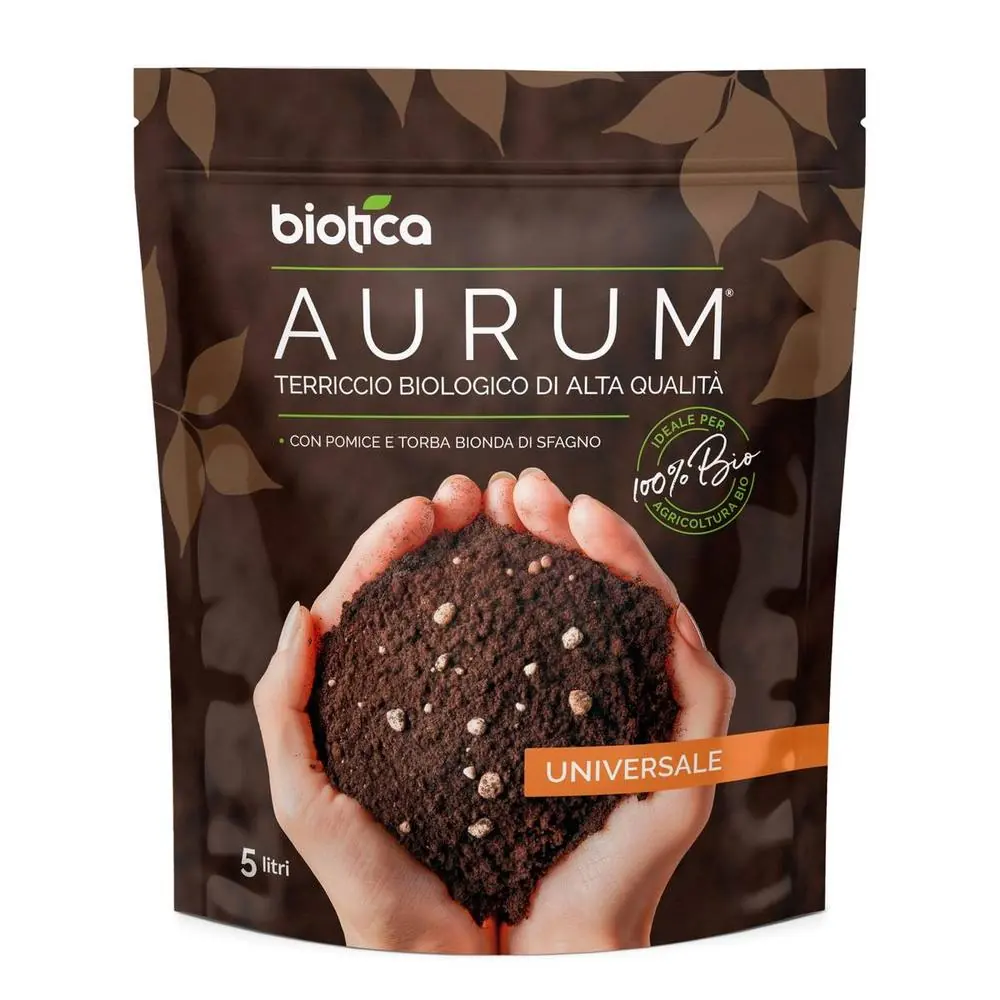 Aurum Terriccio Naturale Universale di Alta qualità - 5 Litri - Fertilizzato con Humus di Lombrico